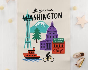 Born in Washington Baby Fleece Blanket | Seattle Space Needle, Mt Rainier, Pike Place Market