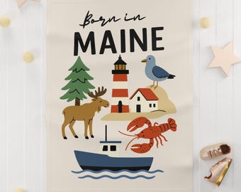 Born in Maine Baby Fleece Blanket | Lighthouse, Moose, Lobster, Seagull, Boat