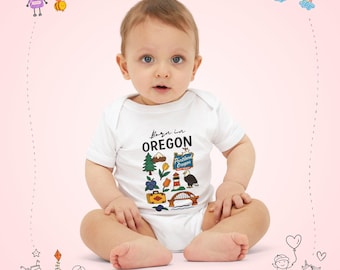 Body de bebé de una pieza con el diseño de Oregon Icons, ideal para viajar por el estado y disfrutar del bosque.