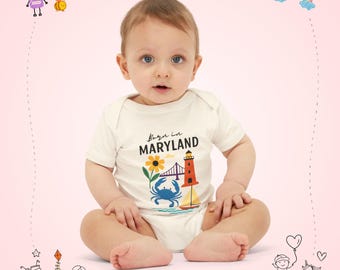 Body de bebé con diseño de velero, faro y cangrejo de Maryland / Body para bebé con el estado de Maryland.
