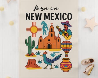 Born in New Mexico Baby Fleece Blanket | Southwestern Desert Icons, Hot Air Balloon, Cactus