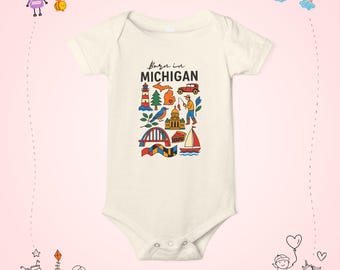 Michigan Icons Infant Jersey Onesie | State Map, Lighthouse, Sailboat, Bridge