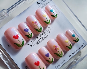 A069 Heart Bloom Press-On Nails – Real Dried Flower Accent | Handmade Cute Aesthetic Set by Afresh Nailash