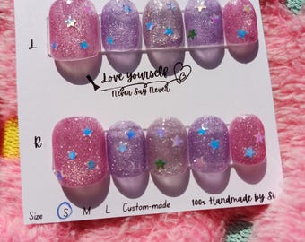 A071 Sparkly Pastel Galaxy Press-On Nails | Handmade Glitter Ombre Star Nails | Cute Short False Nails | Ready to Ship
