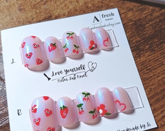 A063 Sweet Heart Berry Love - Handmade Press-On Nails with Cherry & Strawberry Design