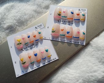 A076 Pastel Press On Nails: Smiley Face Flower Nail Art, Custom Sizes