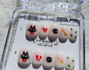 A098 Handmade Cute Witch Cat Jiji Press-On Nails – Kawaii Anime Style
