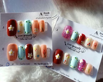 A059 Sweet Blossom Handmade Press-On Nails – Floral & Bow Design