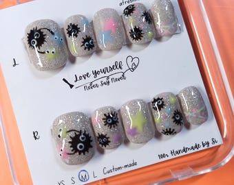 A084 Soot Sprite Susuwatari Glitter Press-On Nails – Studio Ghibli Inspired Cute Handmade Nail Art