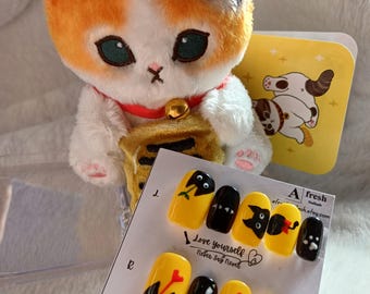 Handmade Black Cat Press On Nails: Kawaii Cat Nail Art