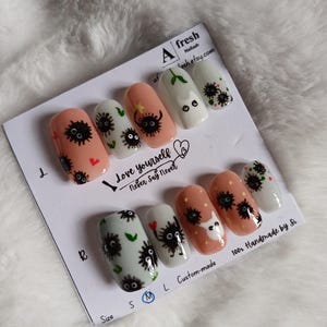 A068 Handmade Soot Sprite susuwatari Press-On Nails | Studio Ghibli Inspired Nail Art | Reusable Kawaii False Nails | Custom Nail Set
