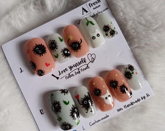 A068 Handmade Soot Sprite susuwatari Press-On Nails | Studio Ghibli Inspired Nail Art | Reusable Kawaii False Nails | Custom Nail Set