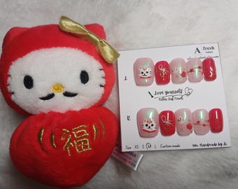 A099 Hand-Drawn Lunar New Year Press-On Nails | Festive Red & Pink Cat Design