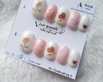 A092 Handmade Blush Marble Rose Press On Nails – Romantic Pink & Gold Flakes – Wedding, Date Night, Gift – Reusable False Nail Set