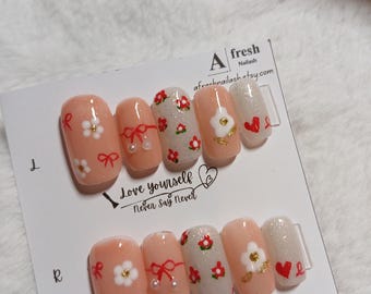 A057 Sweet Blossom Handmade Press-On Nails – Floral & Bow Design