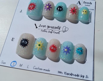 A073 Soot Sprite Inspired susuwatari Press-On Nails | Handmade Ghibli Aesthetic Nails | Cute Kawaii Nail Art