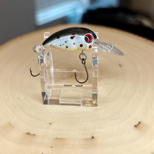 May include: A white and black fishing lure with red spots. The lure is on a clear plastic display stand.