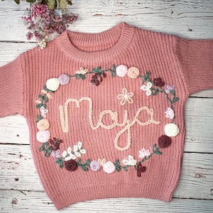 Sweater Hand Embroidered Flowers Letters Roses Name Personalized Birthday Baby Child Initials Embroidered Handmade DIY Gift Girl image 4