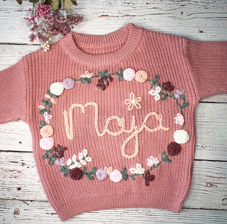 Sweater Hand Embroidered Flowers Letters Roses Name Personalized Birthday Baby Child Initials Embroidered Handmade DIY Gift Girl image 4