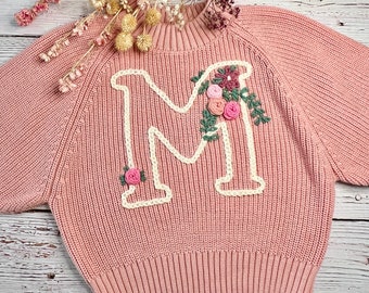 Sweater Hand Embroidered Flowers Letters Roses Name Personalized Birthday Baby Child Initials Embroidered Handmade DIY Gift Girl