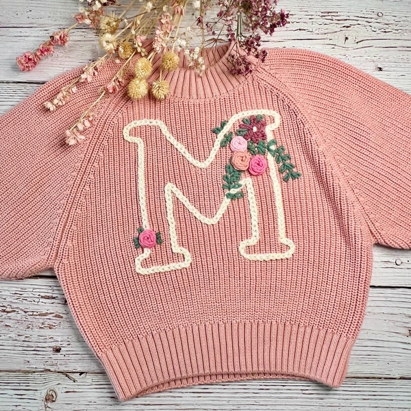 Sweater Hand Embroidered Flowers Letters Roses Name Personalized Birthday Baby Child Initials Embroidered Handmade DIY Gift Girl