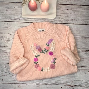 Personalized Sweater Hand Embroidered Baby Kids Easter Bunny Flowers Roses Gift Cotton Sweater Birthday DIY Embroidery handmade