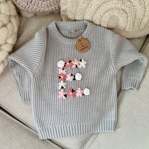 Sweater Hand Embroidered Flowers Letters Roses Name Personalized Birthday Baby Child Initials Embroidered Handmade DIY Gift Girl image 6