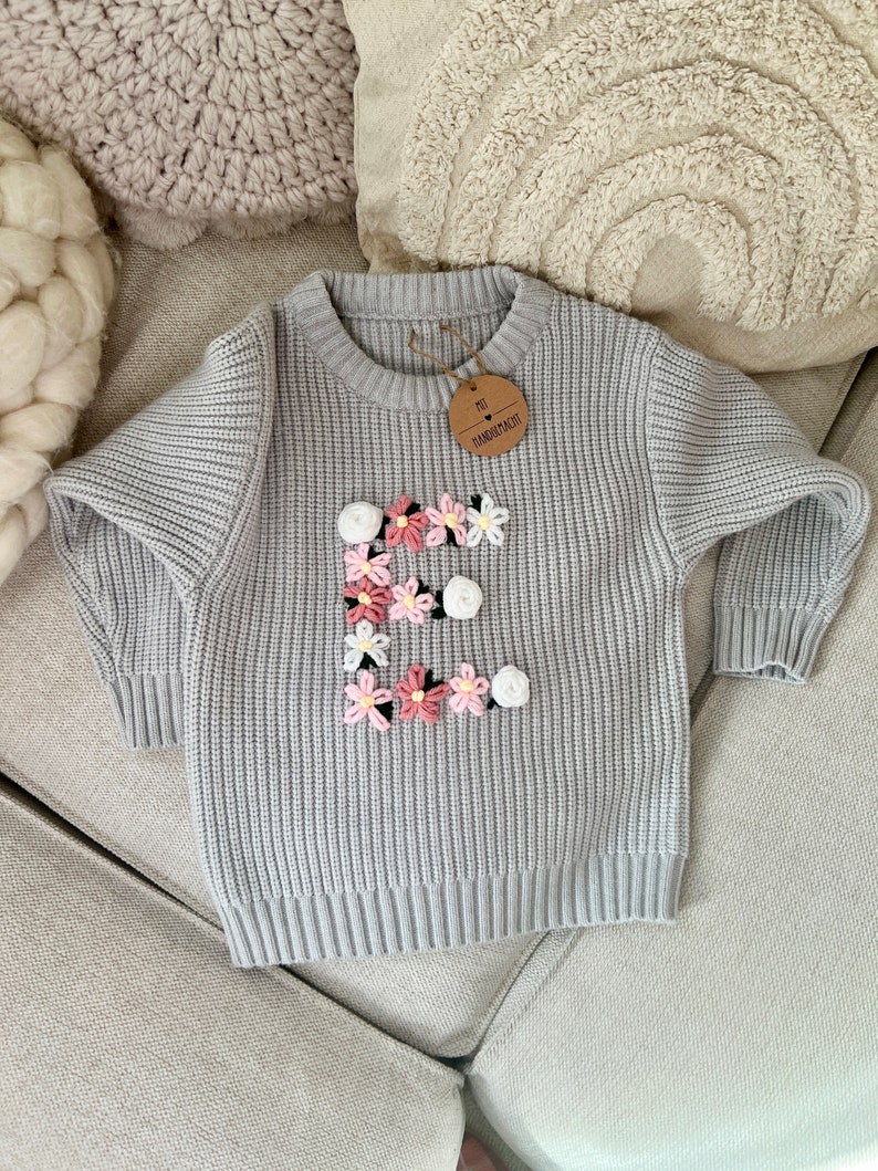 Sweater Hand Embroidered Flowers Letters Roses Name Personalized Birthday Baby Child Initials Embroidered Handmade DIY Gift Girl image 6