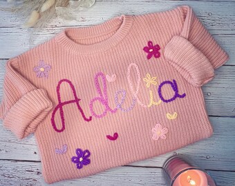 Sweater Hand Embroidered Flowers Letters Roses Name Personalized Birthday Baby Child Initials Embroidered Handmade DIY Gift Girl