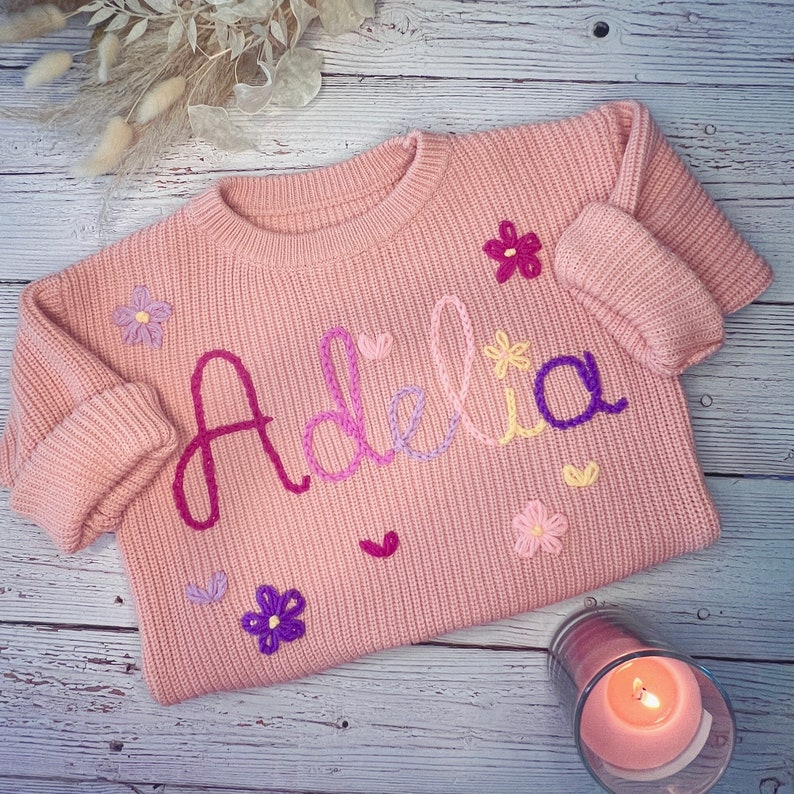 Sweater Hand Embroidered Flowers Letters Roses Name Personalized Birthday Baby Child Initials Embroidered Handmade DIY Gift Girl image 2