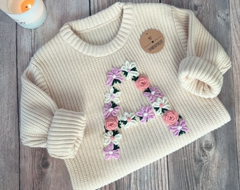 Sweater Hand Embroidered with Letters from Flowers Personalized Birthday Baby Child Initials Roses Handmade DIY Gift