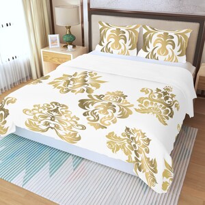 Juego de cama de 3 piezas, funda nórdica, ropa de cama, funda de almohada blanca dorada, traje de manta imagen 2