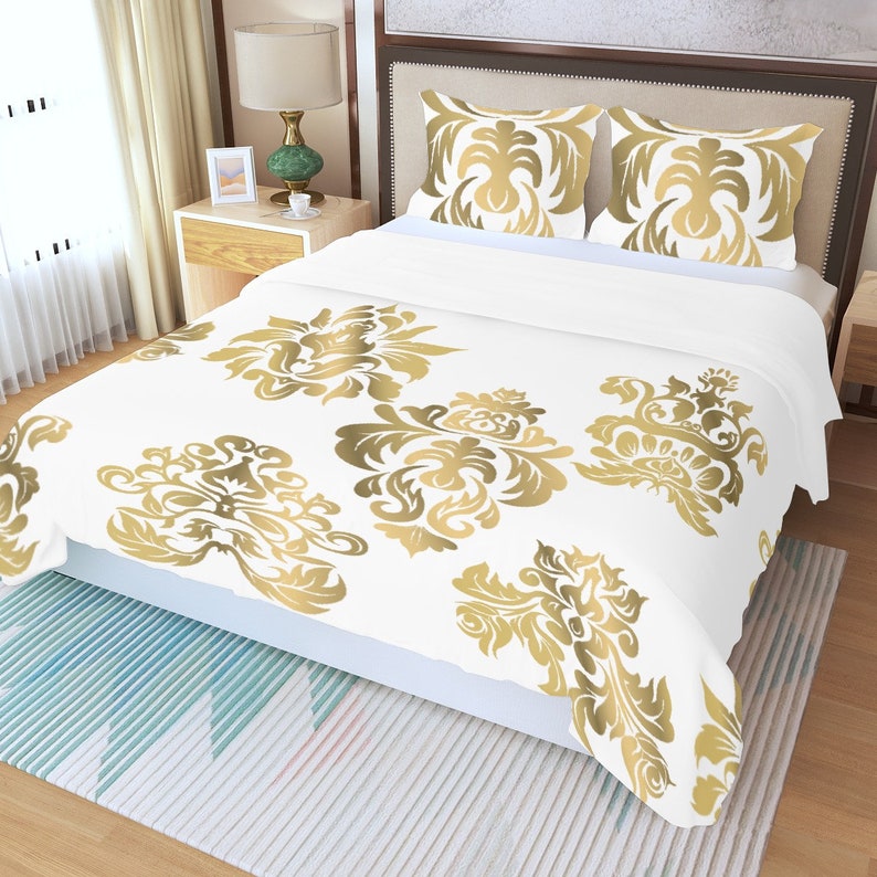 Juego de cama de 3 piezas, funda nórdica, ropa de cama, funda de almohada blanca dorada, traje de manta imagen 2