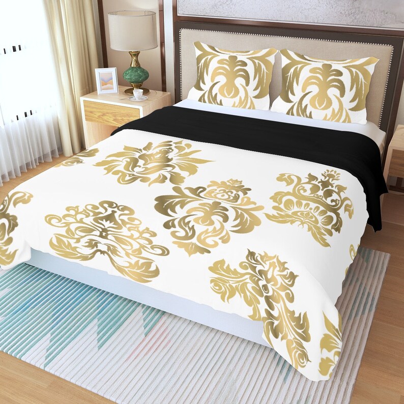Juego de cama de 3 piezas, funda nórdica, ropa de cama, funda de almohada blanca dorada, traje de manta imagen 5