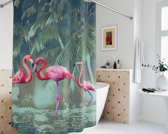 Shower Curtain Vintage Flamingo Shower Curtain, Exclusive Fabric Shower Curtain, 180 x 187 cm, Bathroom Decoration, Style, Curtain, Fabric Shower Curtain
