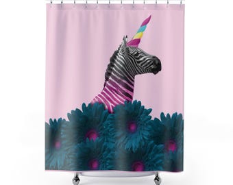 Cortina de ducha Unicornio cebra rosa - Decoración de baño elegante y extravagante, Spa en casa, Diseño de cebra rosa femenina, Ducha y baño