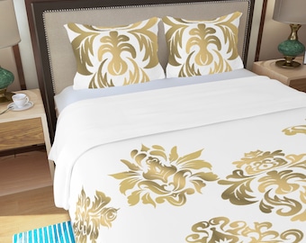 3 Piece Bedding Set Duvet Cover Bed Linen Gold White Pillowcase Blanket Suit