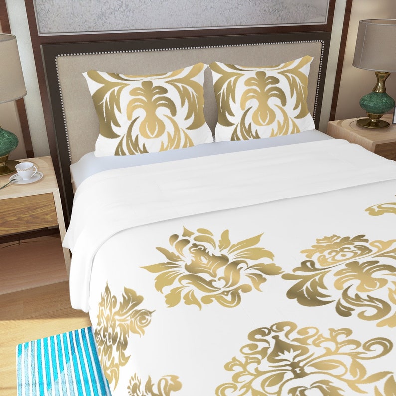 Juego de cama de 3 piezas, funda nórdica, ropa de cama, funda de almohada blanca dorada, traje de manta imagen 1