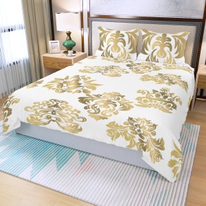 Juego de cama de 3 piezas, funda nórdica, ropa de cama, funda de almohada blanca dorada, traje de manta imagen 3