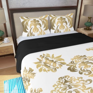 Juego de cama de 3 piezas, funda nórdica, ropa de cama, funda de almohada blanca dorada, traje de manta imagen 4