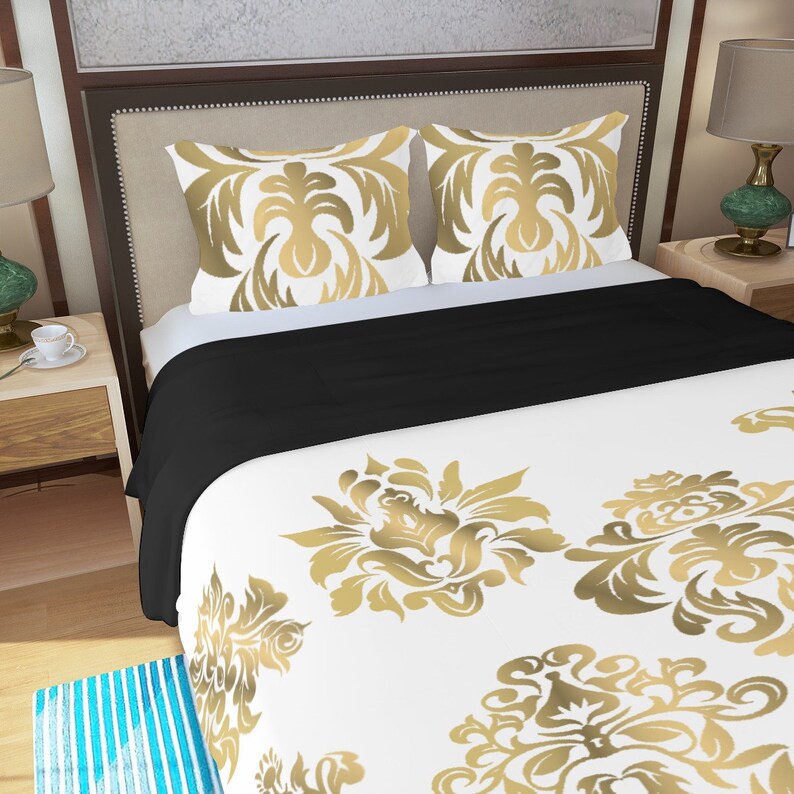 Juego de cama de 3 piezas, funda nórdica, ropa de cama, funda de almohada blanca dorada, traje de manta imagen 4
