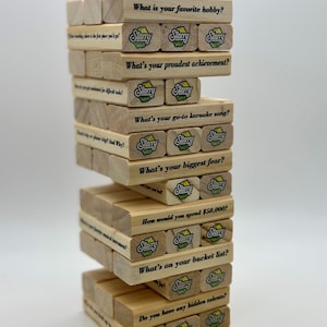 Table Top Tumbling Tower Icebreaker, Personalized Question, and Logos