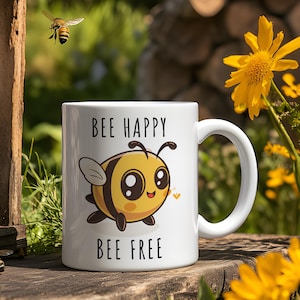 Bee Happy Bee Free Coffee Mug - Cute Bee Ceramic Mug, A Charming Little Gift for Nature Lovers, Animal Mug, Tea Cup