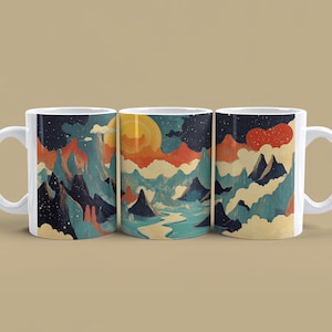 Taza de cerámica con atardecer en la montaña: artículos para beber acogedores, decoración del hogar, regalo para amantes de la naturaleza, taza de café, arte paisajístico