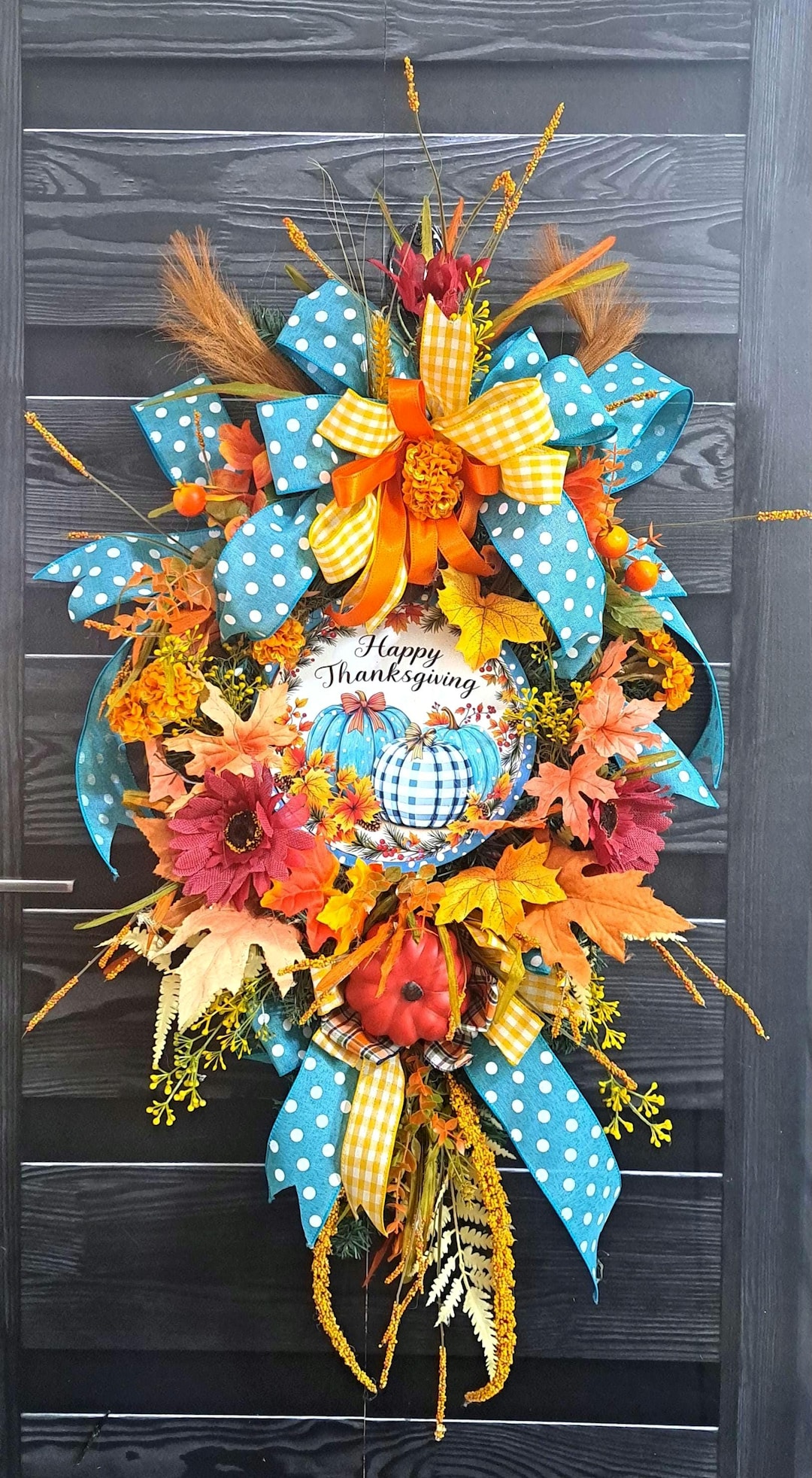 Teal Blue Thanksgiving Swag Wreath: Fall Harvest Pumpkin Door Decor - Etsy