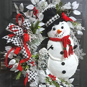 Snowman Winter Wreath: Large Snowman with Cardinal Door Hanger