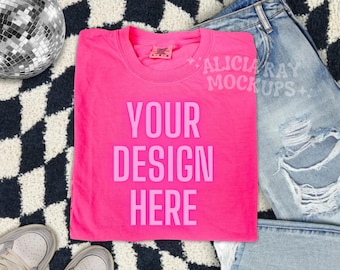 Comfort Colors Neon Pink 1717 Adult T-Shirt Mockup | Folded Mock Up | Adult Shirt Mock Up | Trendy Checkered | DTF Mock Up