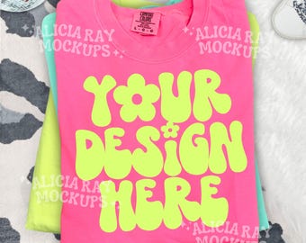 Comfort Colors Neon Pink 1717 Adult T-Shirt Mockup | Folded Mock Up | Adult Shirt Mock Up | Trendy Checkered | DTF Mock Up