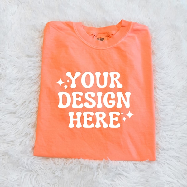 Comfort Colors Neon Cantaloupe 1717 Adult T-Shirt Mockup | Folded Mock Up | Adult Shirt Mock Up | Boho | DTF Mock Up