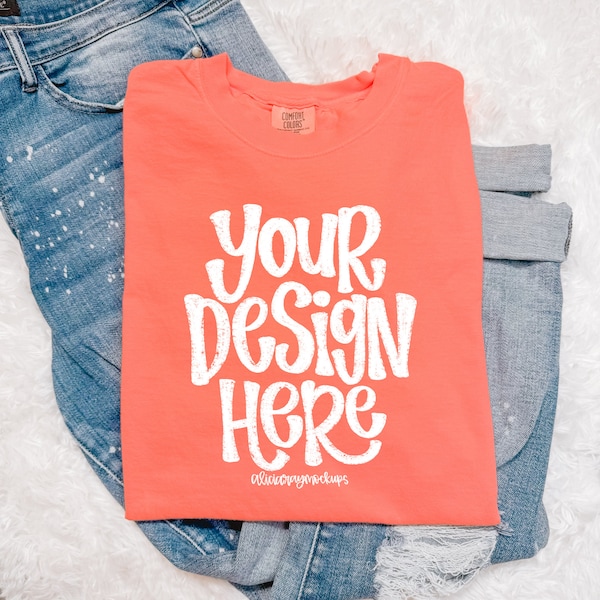 Comfort Colors Neon Red Orange 1717 Adult T-Shirt Mockup | Folded Mock Up | Adult Shirt Mock Up | Boho | DTF Mock Up